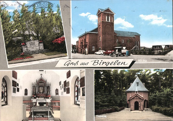 Postkarte von 1968 mit Kirche St. Lambertus, Außen- und Innenansicht vom Pützchen, Mahnmal für die Toten der Weltkriege